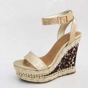 Unique Espadrille Wedge Heels Gold/Leopard 5.5-10